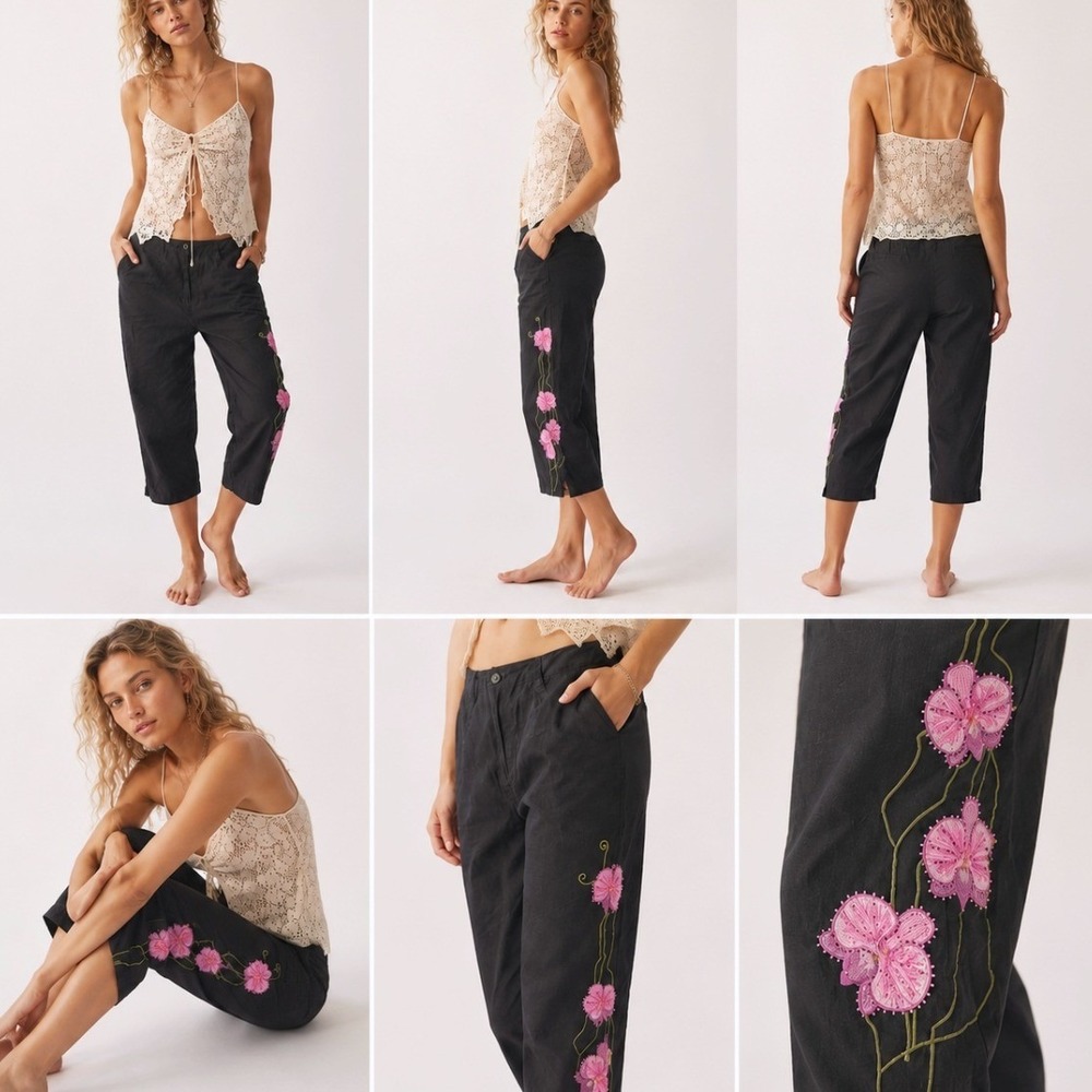 Vintage Y2K Capri Pants Beaded Linen Blend Floral Embroidery 6 Black Lagenlook